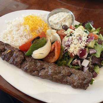 Panini Kabob Grill - Beef Koobideh Kabob with Mediterranean Greek Salad and basmati rice. - Persian/Iranian Near Me - Anaheim, California