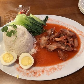 ZaZa Thai - 067. Khao Moo Dang $14.99 (very watery on the signature sauce) - Thai Near Me - Plano, Texas ZaZa Thai - 067. Khao Moo Dang $14.99 (very watery on the signature sauce) - Thai Near Me - Plano, Texas
