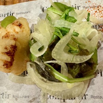 Compartir Barcelona - Longline hake tempura with fennel and seaweed salad - Spanish Near Me - Barcelona, B