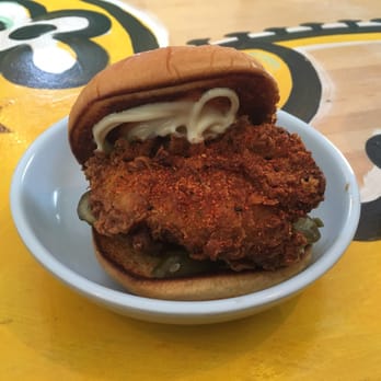 East Side King - Green curry and buttermilk fried chicken thigh, kewpie mayo, kimchi pickles, potato roll - Asian Fusion Near Me - Austin, Texas
