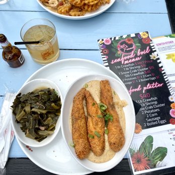 Lost & Found - Salmon and grits Collard Greens with Smoked Turkey - Cocktail Bars Near Me - Houston, Texas