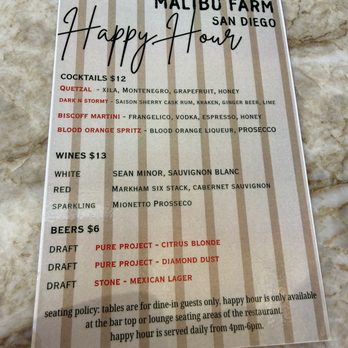 Malibu Farm - Happy hour menu August 2026 - Breakfast & Brunch Near Me - San Diego, California