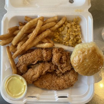 Mike's Chicken - Chicken Tender plate with fries, creamy corn and honey mustard sauce. - Chicken Shop Near Me - Dallas, Texas