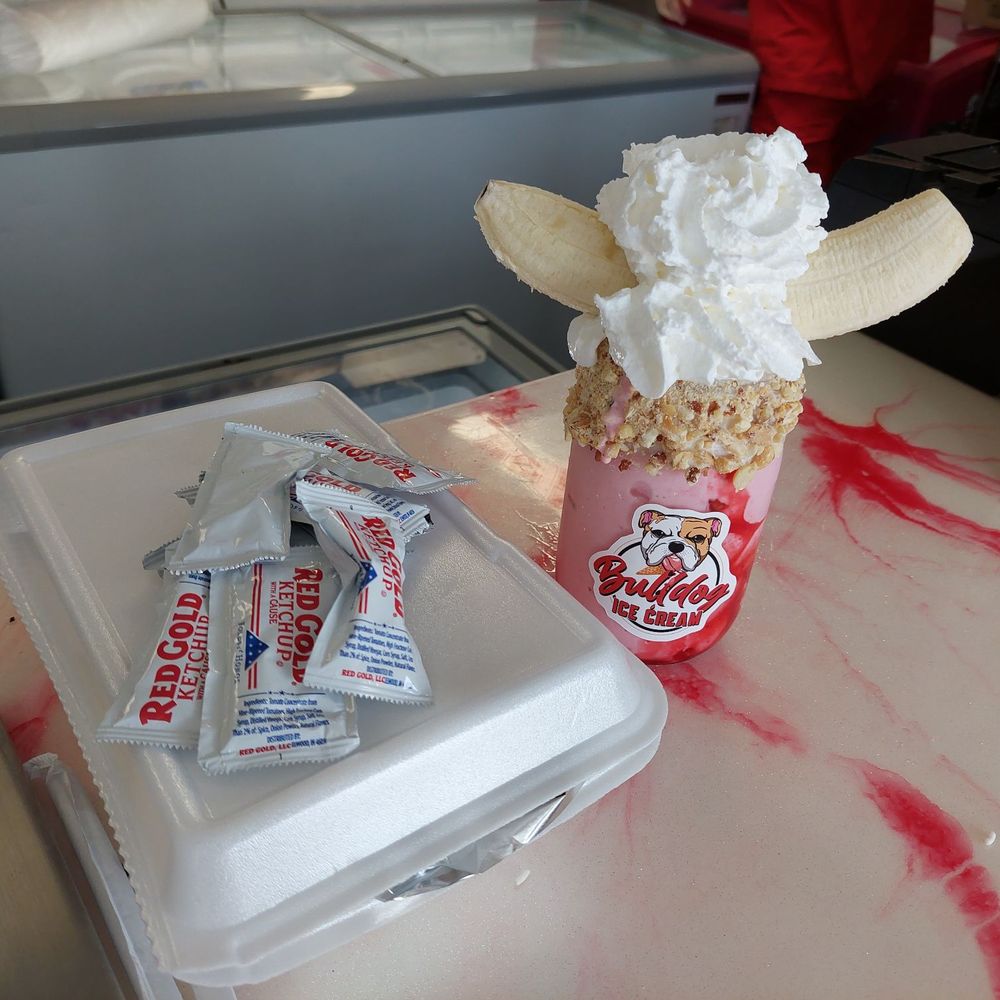 Bulldog Ice Cream - Fries and a strawberry banana shake. You get to keep the glass! - Ice Cream & Frozen Yogurt Near Me - Brooklyn, Ohio Bulldog Ice Cream - Fries and a strawberry banana shake. You get to keep the glass! - Ice Cream & Frozen Yogurt Near Me - Brooklyn, Ohio