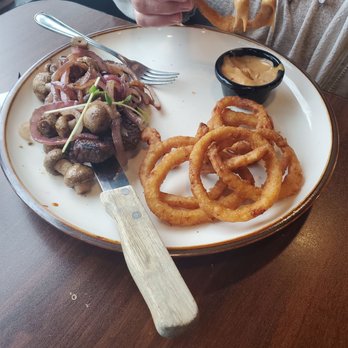 Canadian Steakout - 8oz sirloin smothered w/mushrooms onions and rings - Steakhouses Near Me - Hinton, Alberta Canadian Steakout - 8oz sirloin smothered w/mushrooms onions and rings - Steakhouses Near Me - Hinton, Alberta