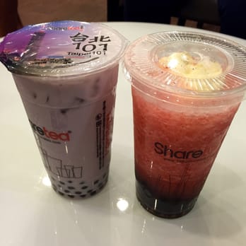 Sharetea - Taro milk tea with boba (left) and strawberry slushy (right). - Coffee & Tea Near Me - Cerritos, California Sharetea - Taro milk tea with boba (left) and strawberry slushy (right). - Coffee & Tea Near Me - Cerritos, California