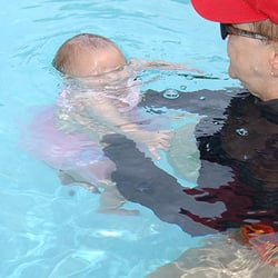 Frenchie teaching a 2-month baby how to get comfortable with going under the water.