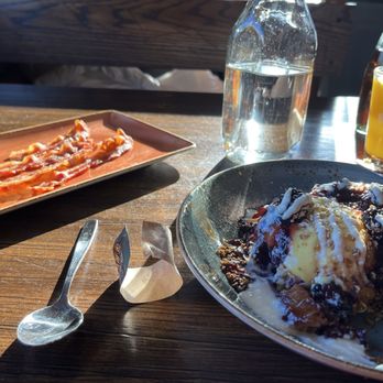 First Watch - I had the French toast with a lemon compote and blackberry sauce and crispy bacon - Cafes Near Me - Phoenix, Arizona