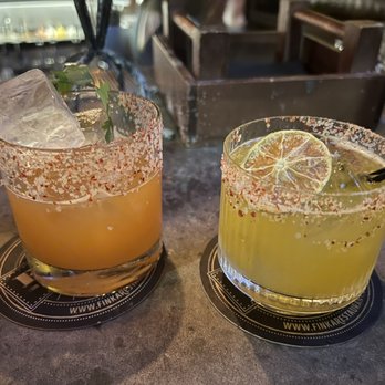 FINKA Table & Tap - AJI VIENE (left) Bruxo Mezcal / Fresh Lime Juice / Fresh Pineapple Juice / Red Pepper Syrup / Firewater SPICY PASSION FRUIT COCKTAIL (right) - Asian Fusion Near Me - Miami, Florida