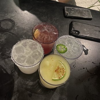 Vals - Clockwise: Left: standard margarita, back: el Diablo, right: mezcal margarita, front: special frozen kiwi margarita - Seafood Near Me - New Orleans, Louisiana Vals - Clockwise: Left: standard margarita, back: el Diablo, right: mezcal margarita, front: special frozen kiwi margarita - Seafood Near Me - New Orleans, Louisiana
