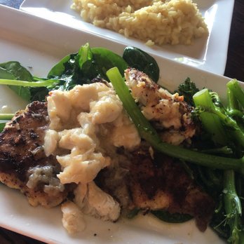 Rusty Pelican - Lunch: Grouper with crab meat and broccolini. The risotto was an extra side. - Seafood Near Me - Tampa, Florida Rusty Pelican - Lunch: Grouper with crab meat and broccolini. The risotto was an extra side. - Seafood Near Me - Tampa, Florida