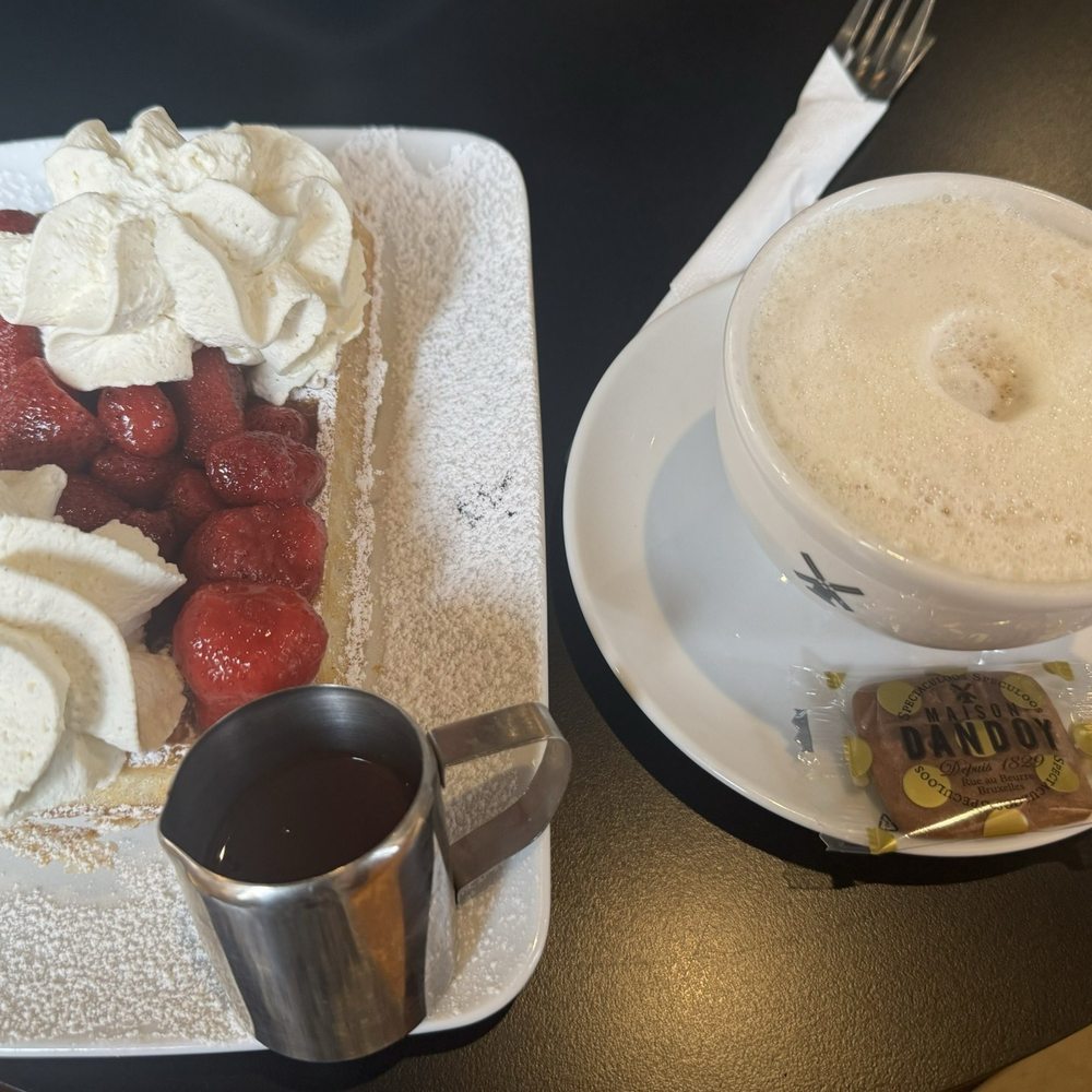 Waffle, cappuccino, chocolate sauce Waffle, cappuccino, chocolate sauce