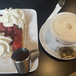 Waffle, cappuccino, chocolate sauce Waffle, cappuccino, chocolate sauce