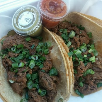 Taco Tech - two beef tacos in a styrofoam container - Food Trucks Near Me Taco Tech - two beef tacos in a styrofoam container - Food Trucks Near Me