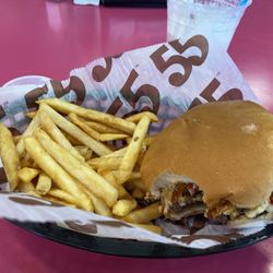 Pimento Cheeseburger with Fries and a Strawberry Shake