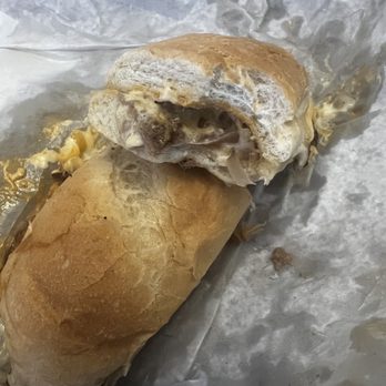 Pardon My Cheesesteak - Side view of contents of sandwich. - Cheesesteaks Near Me - Warner Robins, Georgia