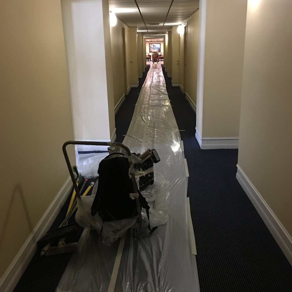 Blue Sky Popcorn Removal - The hallway ~ the men covered the carpeting from the elevator to our door. - Drywall Installation & Repair Near Me - Margate, Florida Blue Sky Popcorn Removal - The hallway ~ the men covered the carpeting from the elevator to our door. - Drywall Installation & Repair Near Me - Margate, Florida