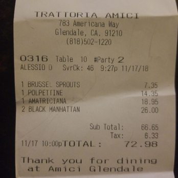 Trattoria Amici - 11-17-18 Bill - Italian Near Me - Glendale, California Trattoria Amici - 11-17-18 Bill - Italian Near Me - Glendale, California
