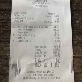 Bistro Cafe - Bill - Breakfast & Brunch Near Me - Miami, Florida Bistro Cafe - Bill - Breakfast & Brunch Near Me - Miami, Florida