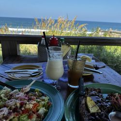 Apple salad with shrimp and teriyaki ribeye. Piña colada and Long Island tea.