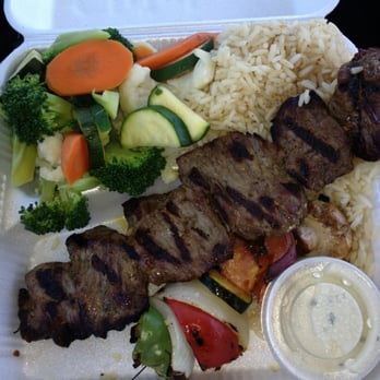Chicken Maison - Steak and veggie kabob plate with rice and steamed veggies - Middle Eastern Near Me - Torrance, California