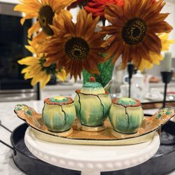 Antiquarian - Rare 1930's Lusterware Condiment Set. Green and peach is so adorable. Love this set Lisa