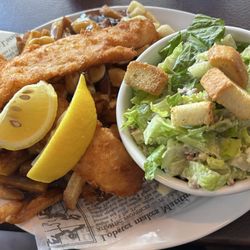 Erie Belle - 2 piece cod fish and chips with Ceaser salad and poutine