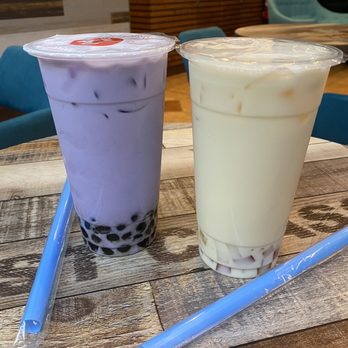 Sweetland - Taro milk tea with tapioca pearls and jasmine green milk tea with rainbow jelly - Coffee & Tea Near Me - Humble, Texas