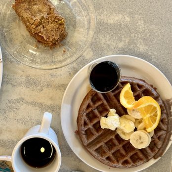 Harry's Roadhouse - Blue cornmeal waffle and a side of scrapple - Breakfast & Brunch Near Me - Santa Fe, New Mexico