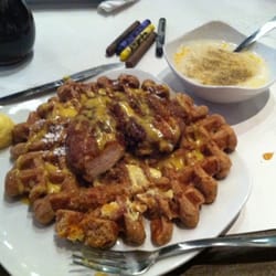 Dame's Chicken & Waffles - Orange Speckled Chabo with a side of cheese grits!