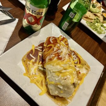 Tres Colores - Barbacoa Burrito smothered green & red - Mexican Near Me - Santa Fe, New Mexico