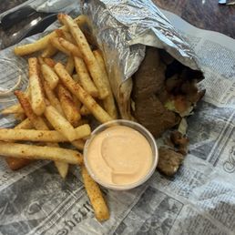Greek Gyro with seasoned Chicken Strip Fries Greek Gyro with seasoned Chicken Strip Fries