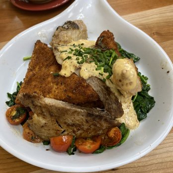 Ruby Sunshine Homewood - Grilled fish and shrimp (I ate), with sautéed spinach and grit cake - Breakfast & Brunch Near Me - Birmingham, Alabama