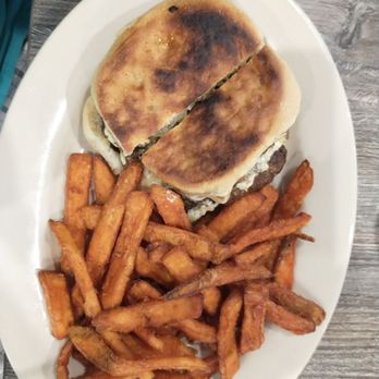 Brew-Bacher's Grill - Jalapeno Melt Burger with toasted sourdough bun and crispy sweet potato fries. This will be my future place for burgers. - Cajun/Creole Near Me - Baton Rouge, Louisiana