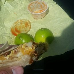 Bacon egg cheese and potatoe burrito! What's left of it! Bacon egg cheese and potatoe burrito! What's left of it!