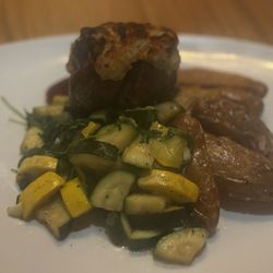 Gorgonzola crusted steak with squash and potatoes