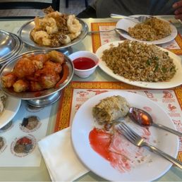 Egg rolls , chow main, sweet and sour pork , fried rice Egg rolls , chow main, sweet and sour pork , fried rice