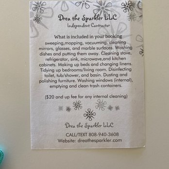 Drea The Sparkler - List of things cleaned is inaccurate. Refrigerator was never cleaned or wiped. Other surfaces wiped but not scrubbed or polished. - Home Cleaning Near Me Drea The Sparkler - List of things cleaned is inaccurate. Refrigerator was never cleaned or wiped. Other surfaces wiped but not scrubbed or polished. - Home Cleaning Near Me
