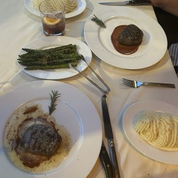 Johnny Delmonico's Steakhouse - Filets (truffle butter on the front cut), mashed potatoes, asparagus - all amazing! - Steakhouses Near Me - Madison, Wisconsin