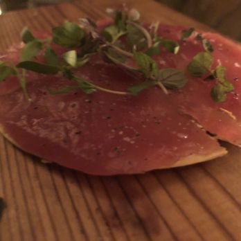 BondST - Thinly sliced tuna on a crisp with truffle aioli and micro greens (course 2) - Japanese Near Me - New York, New York