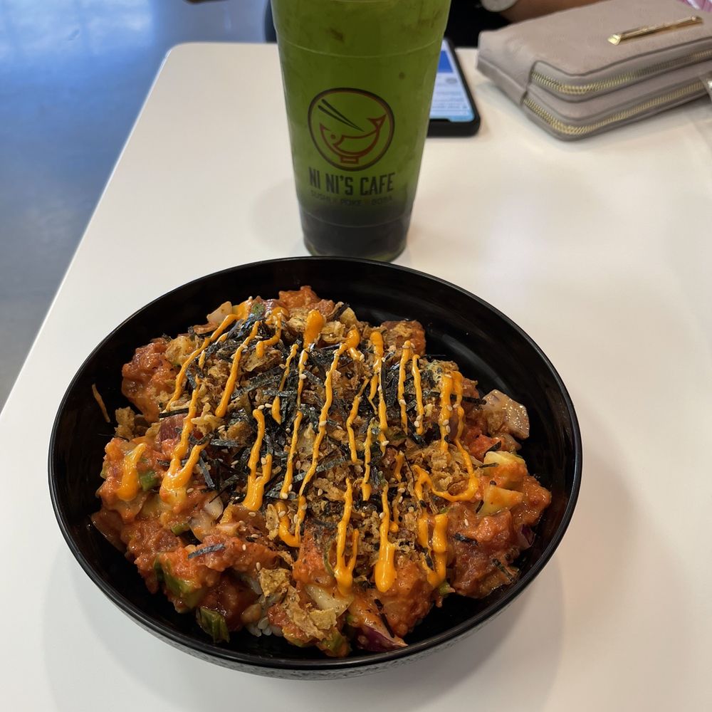 Ni Ni’s Cafe - Spicy Poke with Brown rice and Honeydew tea - Sushi Bars Near Me - Sherman, Texas Ni Ni’s Cafe - Spicy Poke with Brown rice and Honeydew tea - Sushi Bars Near Me - Sherman, Texas