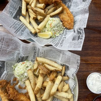 The Cove - Perch dinner on top, walleye fish and chips on bottom - Seafood Near Me - Leland, Michigan