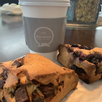 Flat White Coffee - Hot mocha latte, blueberry & chocolate scones - Cafes Near Me - Cypress, California