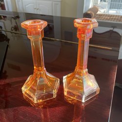 Attic Antiques N Things - Candle stick holders--vintage 1920s carnival glass