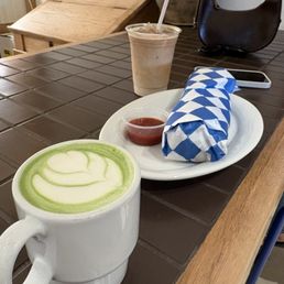 Matcha latte and breakfast burrito  Iced vanilla latte
