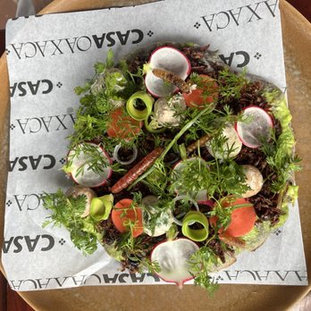 Casa Oaxaca - Corn tostada with chicatana ants, grasshoppers, agave worms, guacamole, chepiche herb, radish - Oaxacan Near Me - Oaxaca, OAX