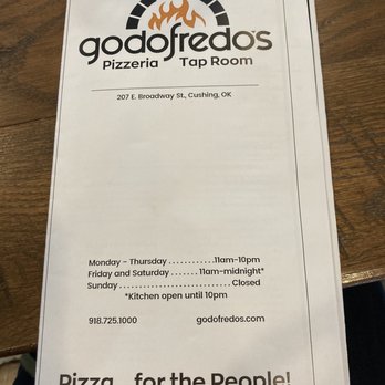 Godofredo's Pizzeria & Tap Room - Menu - Pizza Near Me - Cushing, Oklahoma Godofredo's Pizzeria & Tap Room - Menu - Pizza Near Me - Cushing, Oklahoma