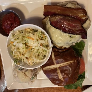 Aroma Thyme Bistro - Classic Bacon Cheddar Burger with cole slaw and potato salad - New American Near Me - Ellenville, New York Aroma Thyme Bistro - Classic Bacon Cheddar Burger with cole slaw and potato salad - New American Near Me - Ellenville, New York