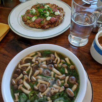 Milktooth - Spicy miss soup and potato latke with creme freche and rhubarb jam! - Breakfast & Brunch Near Me - Indianapolis, Indiana Milktooth - Spicy miss soup and potato latke with creme freche and rhubarb jam! - Breakfast & Brunch Near Me - Indianapolis, Indiana
