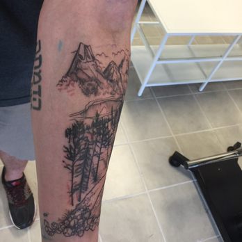 Moon Tattoo - Mountain and trail scene tattoo - left side - Tattoo Near Me - Austin, Texas